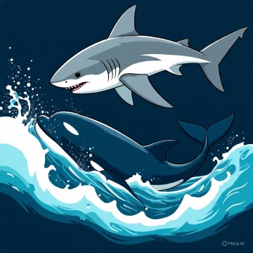 Ilustrasi Hiu VS Orca (META AI)